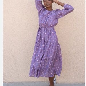 Xirena Misty Purple Silk/Cotton Blend geometric print midi prairie style dress